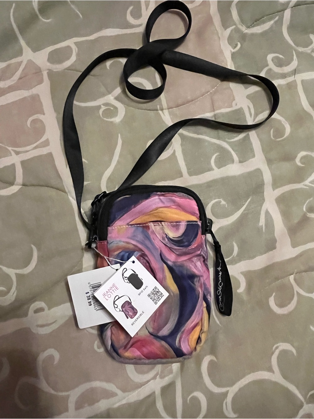 Jeanne Lottie Abstract Multicolor Reversible RFID Zip Small Crossbody, Strap